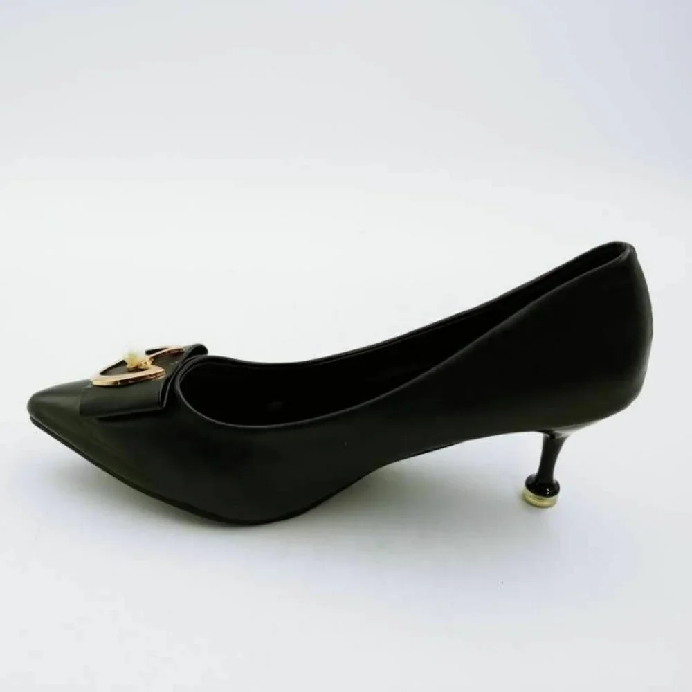 Black Pointed Toe Pumps with Gold Ring & Pearl Accent